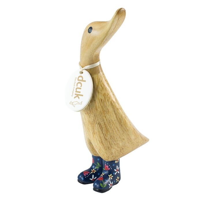 DCUK Natural Finish Duckling with Floral Welly Boots-Blue-1